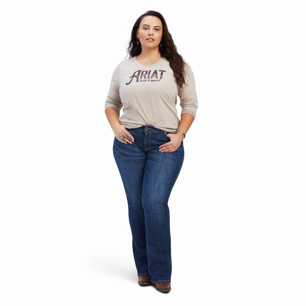 Beige Ariat REAL Chest Logo Relaxed Women's Tops | BEDU56127