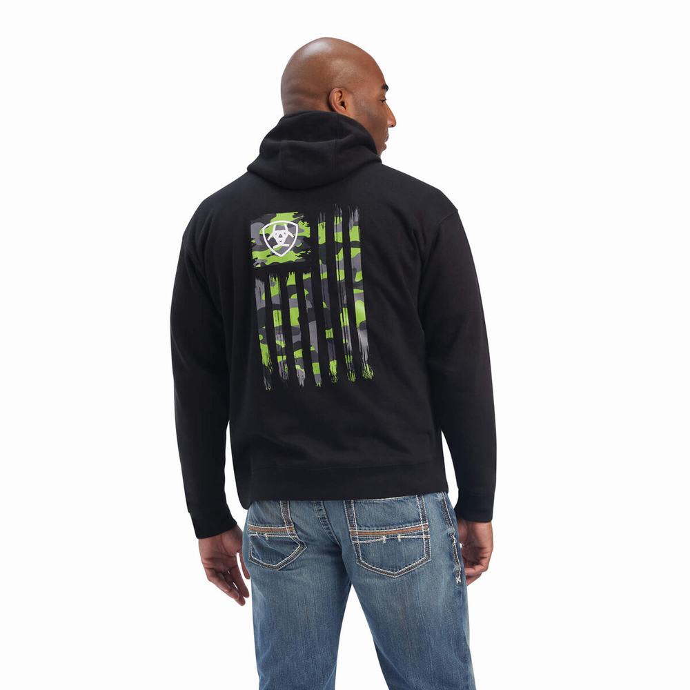 Black Ariat Camo Flag Men's Hoodies | WYUS87032