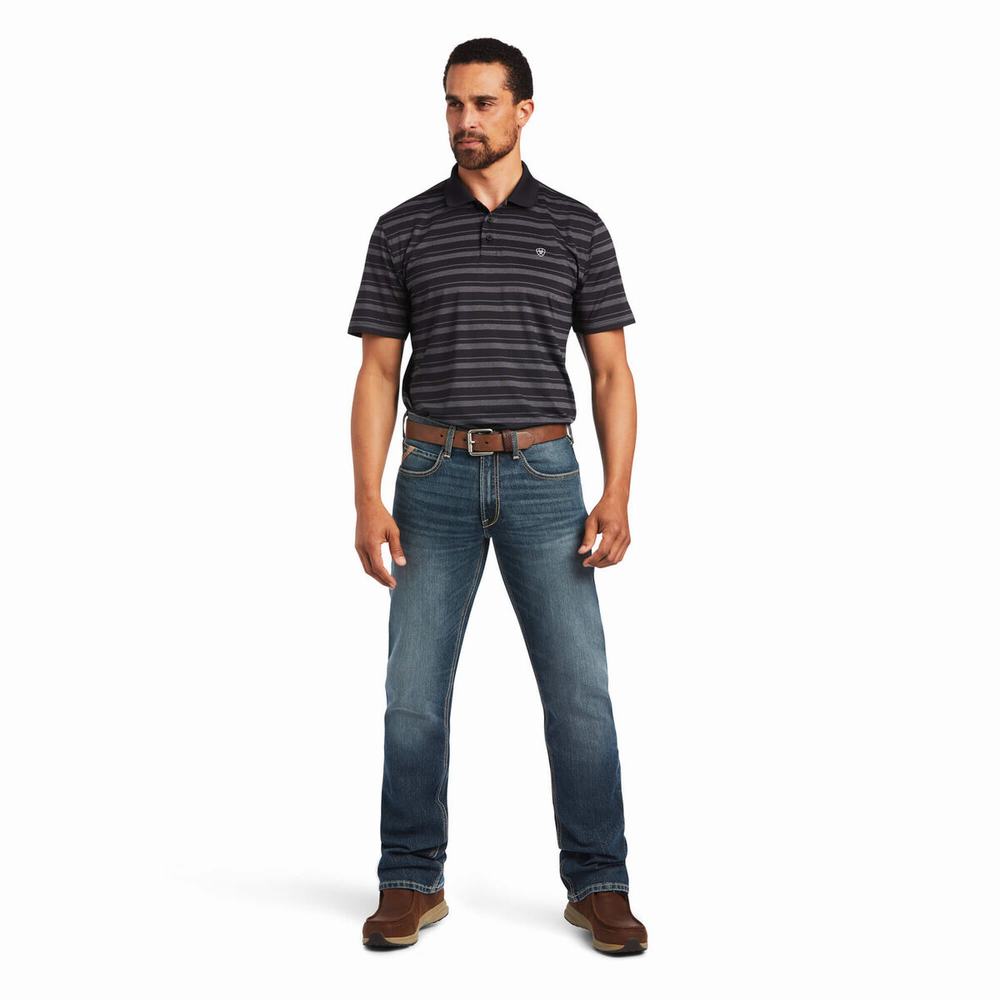 Black Ariat Ombre Stripe Ftd Men's Polo Shirts | CIYT23671