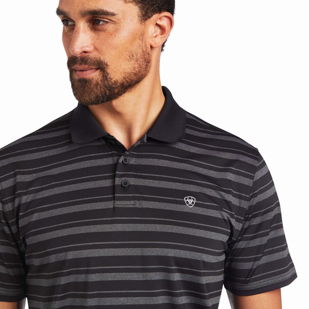 Black Ariat Ombre Stripe Ftd Men's Polo Shirts | CIYT23671