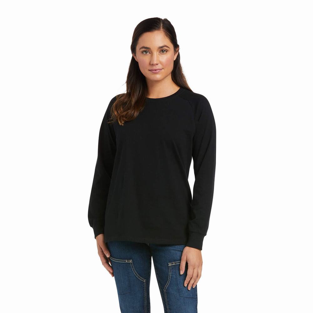 Black Ariat Rebar CottonStrong Brand Flag Women's T Shirts | DJIB56348