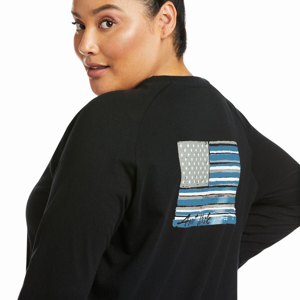 Black Ariat Rebar CottonStrong Brand Flag Women's T Shirts | DJIB56348