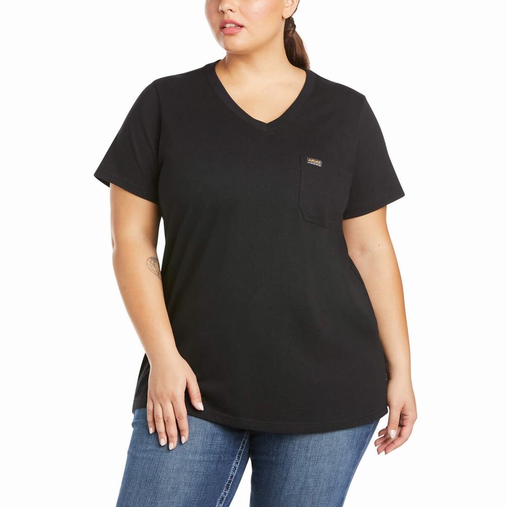 Black Ariat Rebar Cotton Strong V-Neck Women's Short Sleeve | NXCQ35869