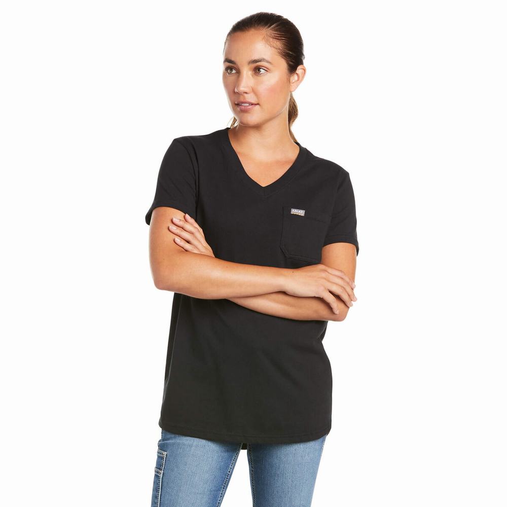 Black Ariat Rebar Cotton Strong V-Neck Women\'s Short Sleeve | NXCQ35869