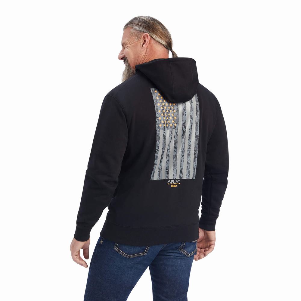 Black Ariat Rebar Workman Reflective Flag Full Zip Men's Hoodies | XLVQ42593