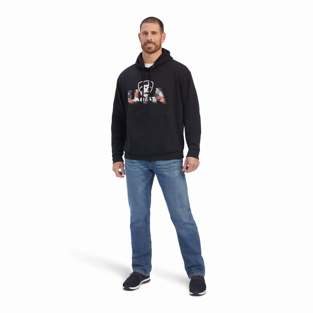 Black Ariat USA Proud Men's Hoodies | UHFG21637