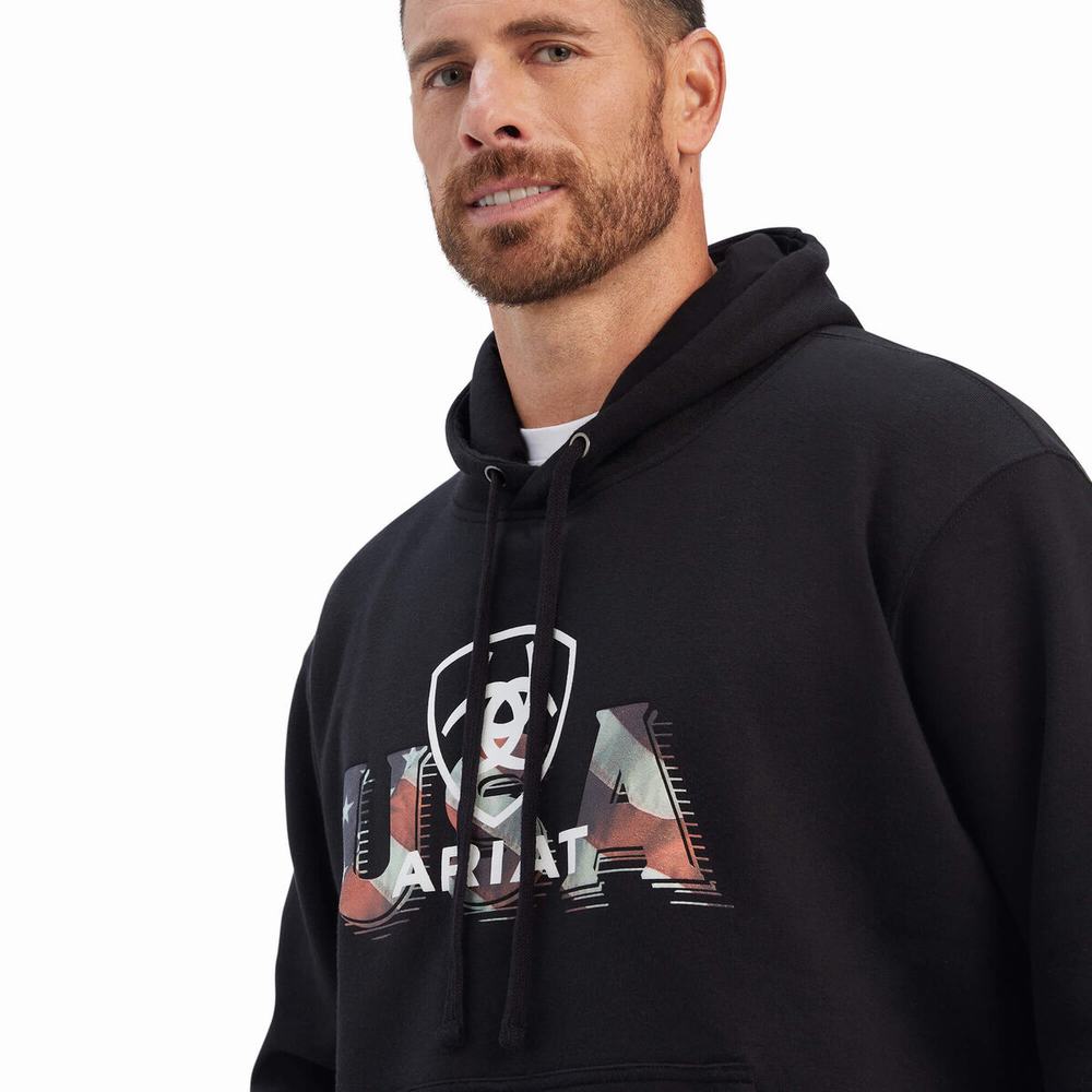 Black Ariat USA Proud Men's Hoodies | UHFG21637