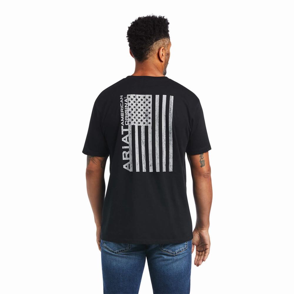 Black Ariat Woodgrain Flag Men's Polo Shirts | MACT59084