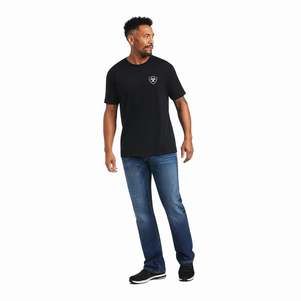 Black Ariat Woodgrain Flag Men's Polo Shirts | MACT59084