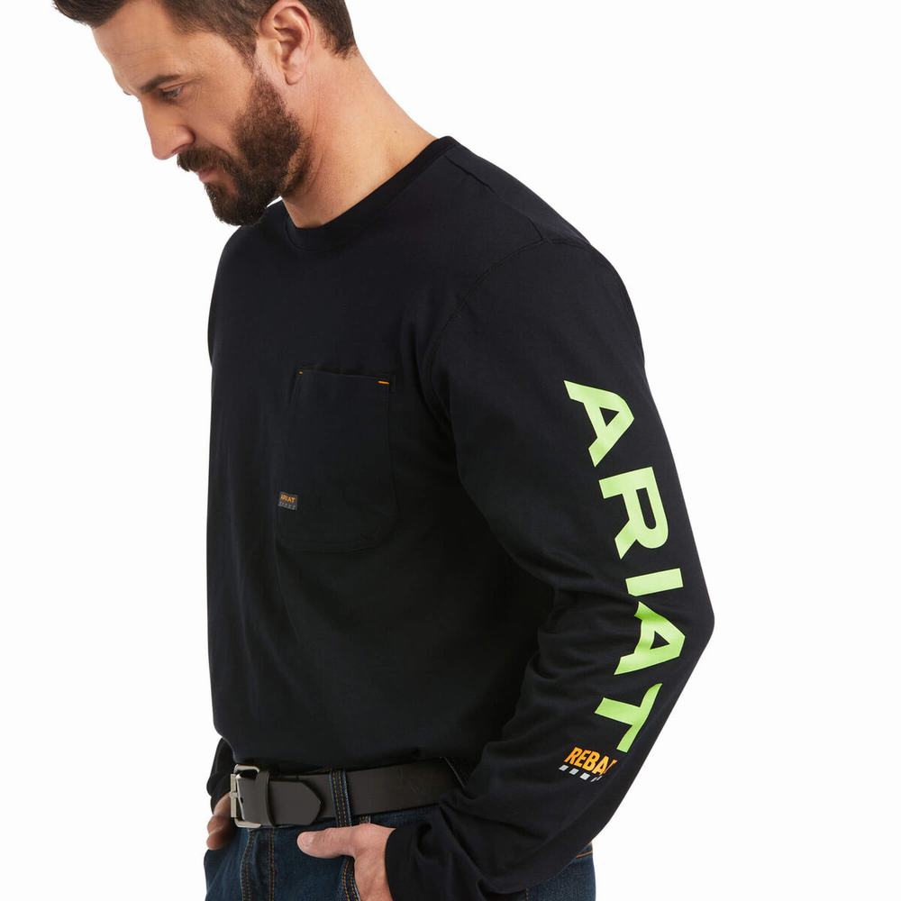 Black Light Green Ariat Rebar Workman Logo Men's Shirts | MANJ73185