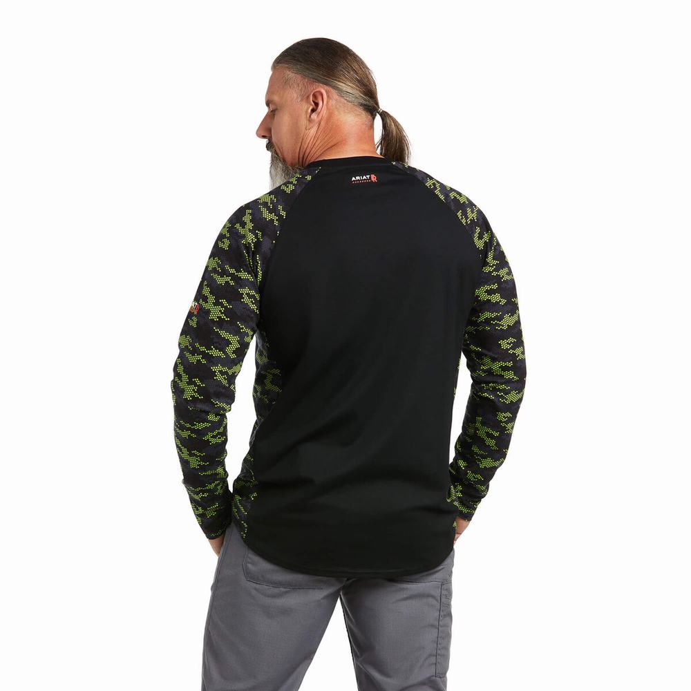 Black Light Green Camo Ariat FR AC Stretch Camo Baseball Men's Shirts | CMRG73195