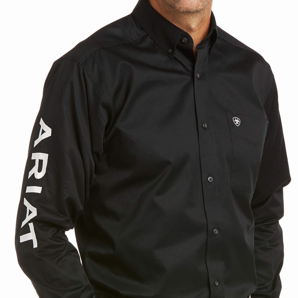 Black White Ariat Team Logo Twill Fitted Men's Shirts | IXOK02516