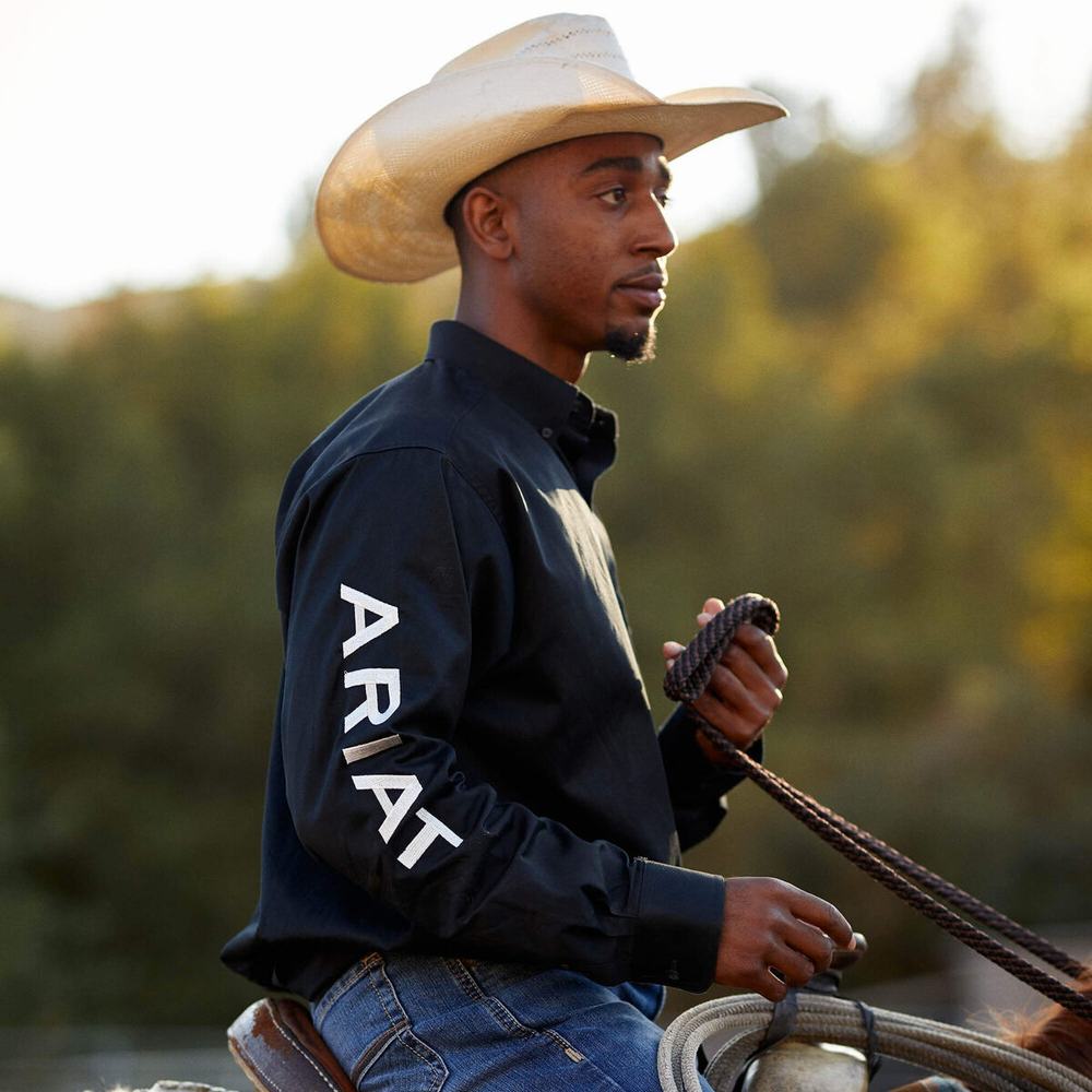 Black White Ariat Team Logo Twill Fitted Men's Shirts | IXOK02516