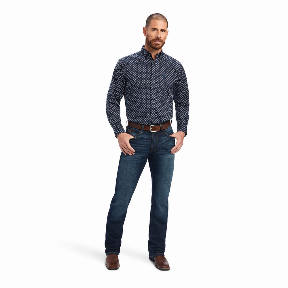 Blue Ariat Baker Stretch Fitted Men's Shirts | PXEO47192