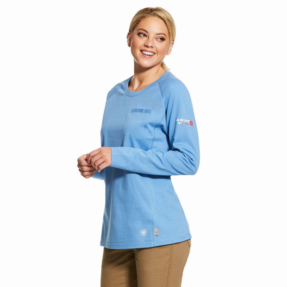 Blue Ariat FR Air Crew Women\'s Shirts | YEKF82517