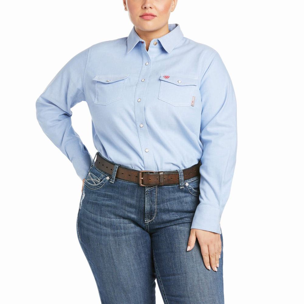 Blue Ariat FR Solid DuraStretch Snap Women's Shirts | FDCU61790