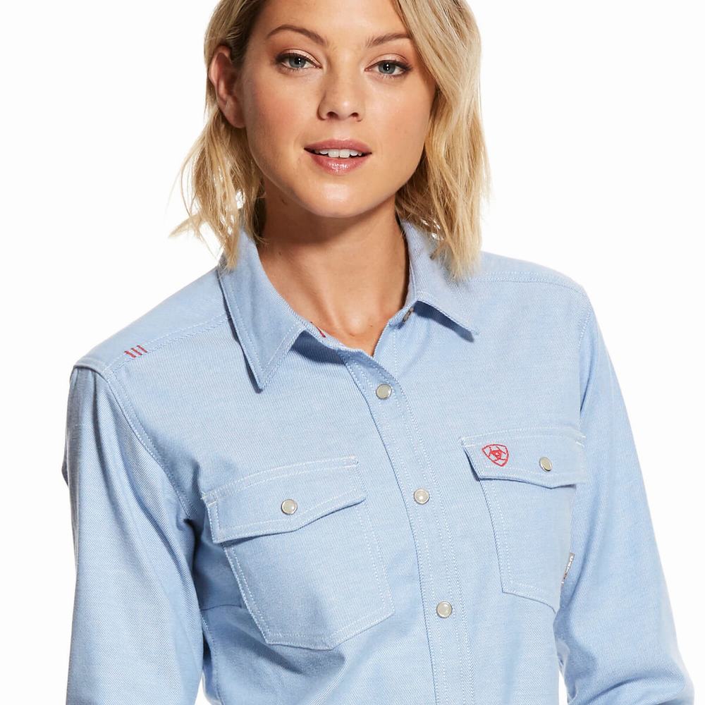 Blue Ariat FR Solid DuraStretch Snap Women's Shirts | FDCU61790