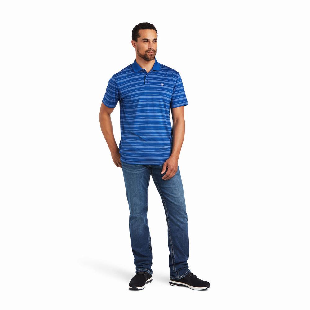 Blue Ariat Ombre Stripe Ftd Men's Polo Shirts | LQCU82014