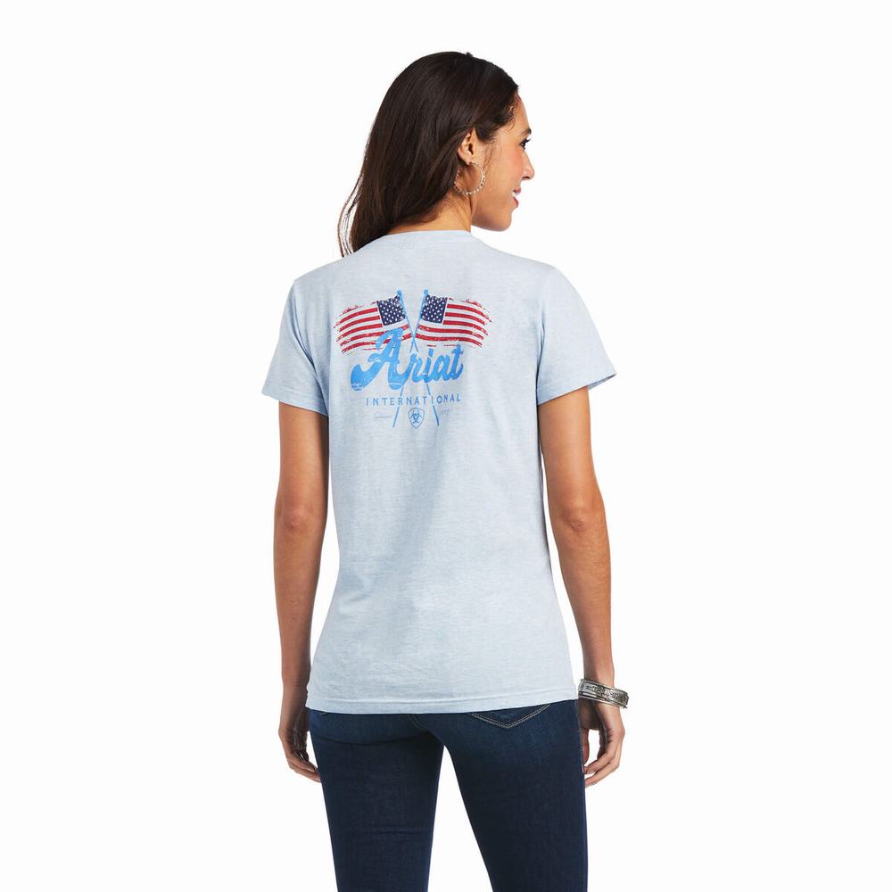 Blue Ariat REAL Flag Waver Women's Tops | FXTR26791