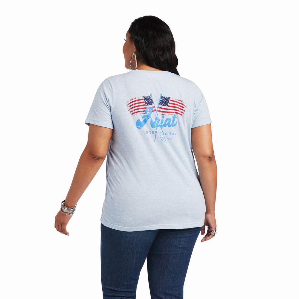 Blue Ariat REAL Flag Waver Women's Tops | FXTR26791