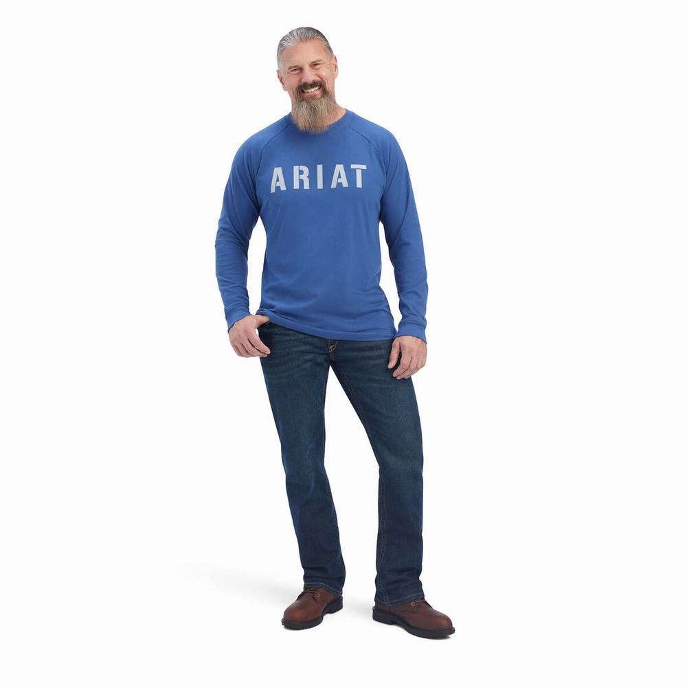 Blue Ariat Rebar CottonStrong Block Men's Polo Shirts | UCZG52798