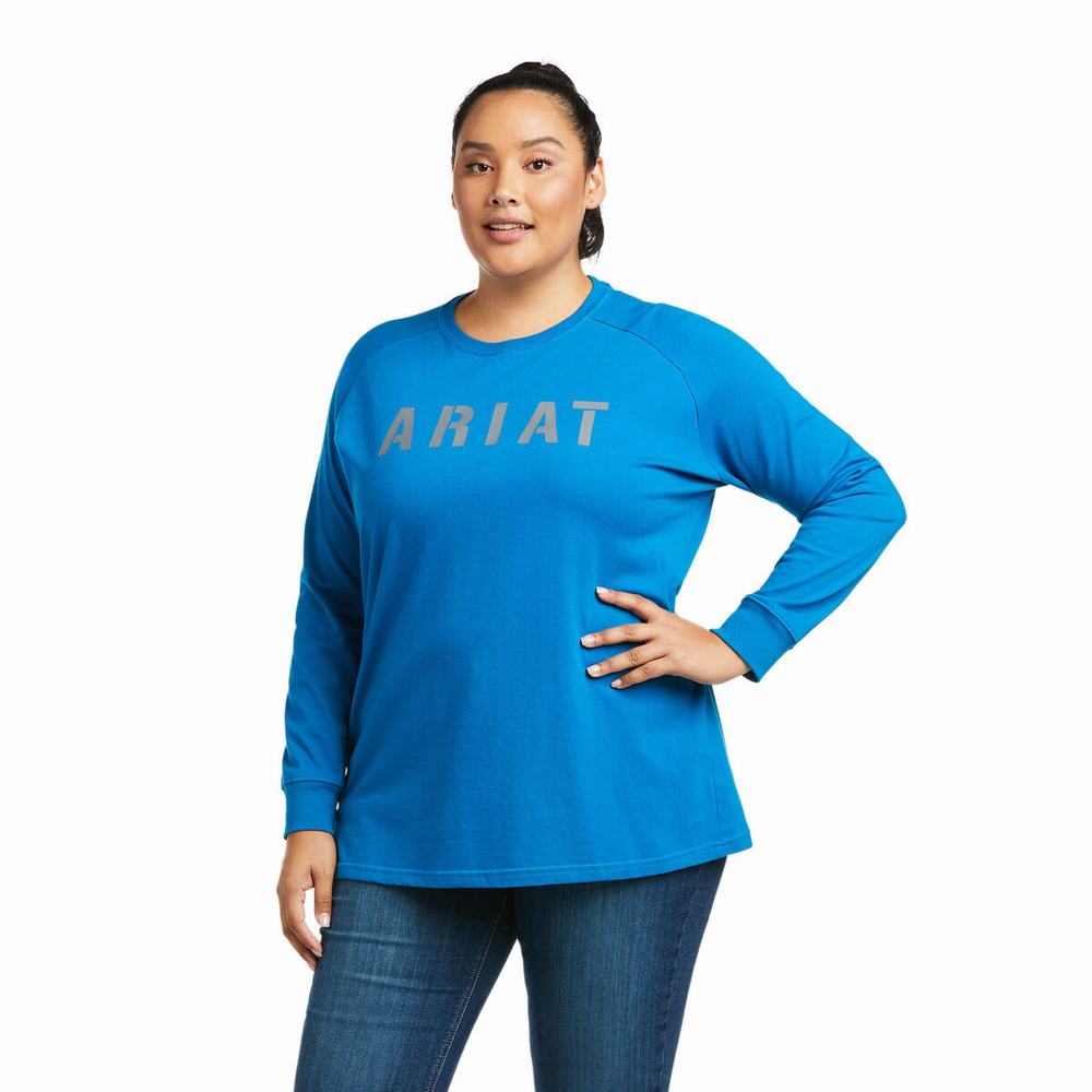 Blue Ariat Rebar CottonStrong Block Women's T Shirts | QDMF53410