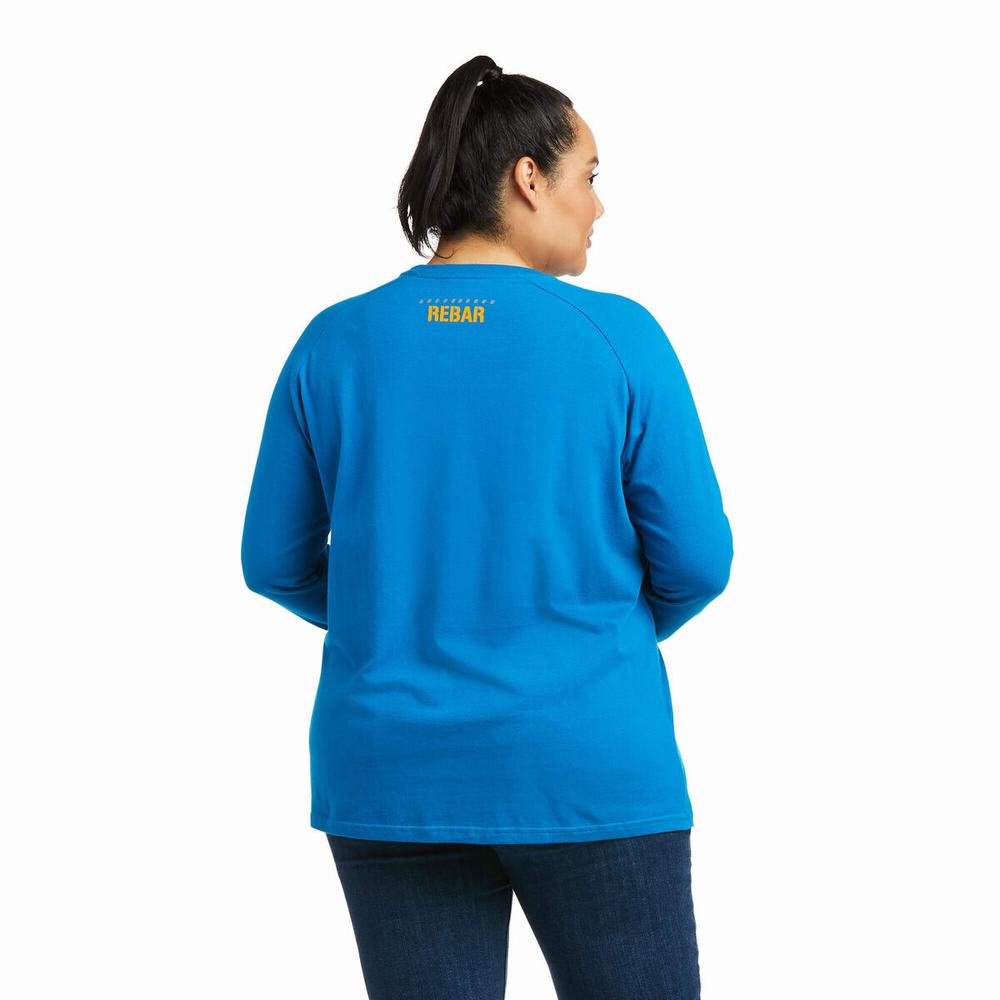 Blue Ariat Rebar CottonStrong Block Women's T Shirts | QDMF53410