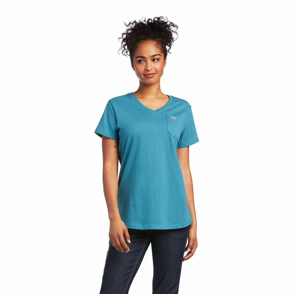 Blue Ariat Rebar Cotton Strong Flag Graphic Women's Tops | QWUE24108