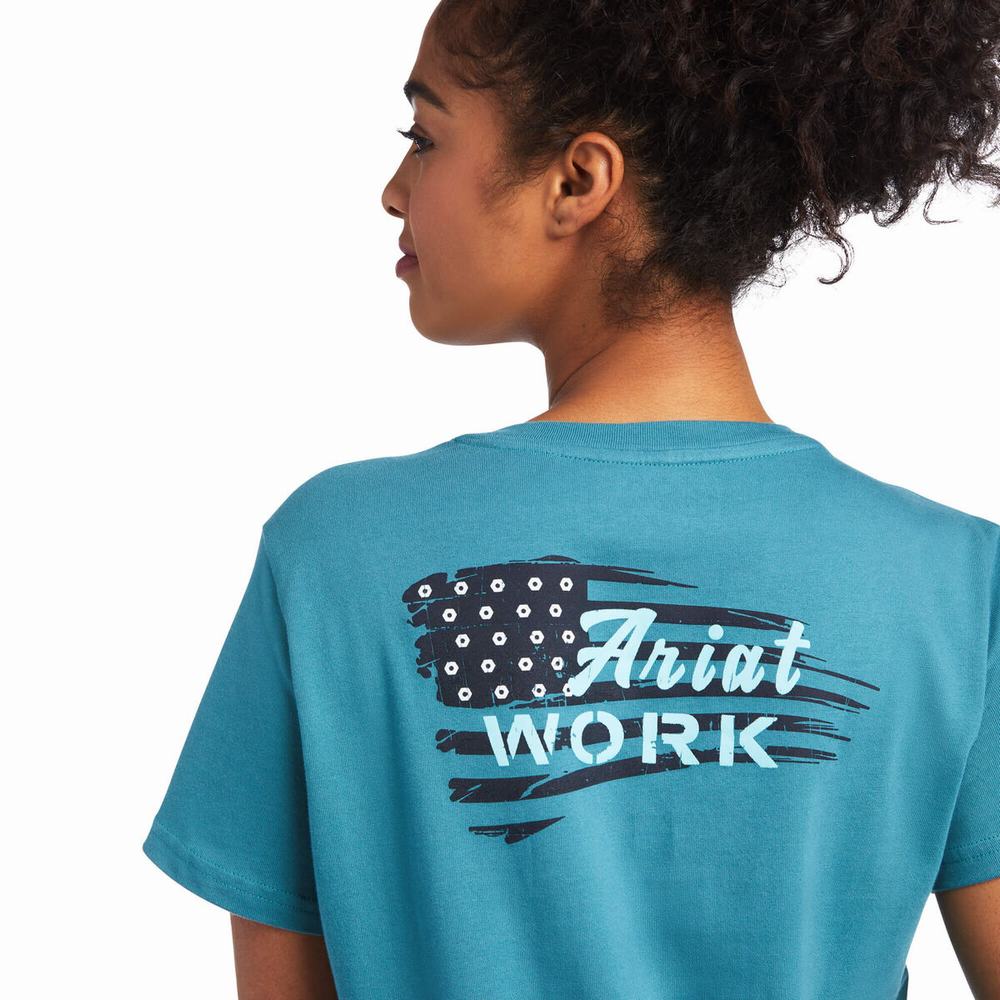 Blue Ariat Rebar Cotton Strong Flag Graphic Women's Tops | QWUE24108