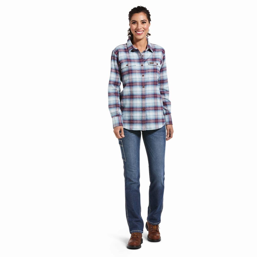 Blue Ariat Rebar Flannel DuraStretch Women's Shirts | LSBH81430