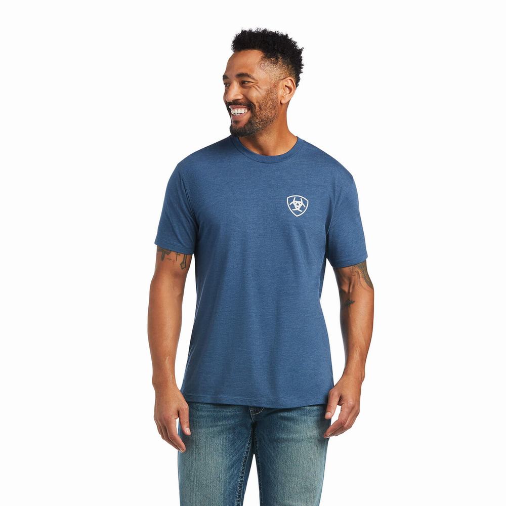 Blue Ariat Rope Shield Men's Polo Shirts | DLUX54038