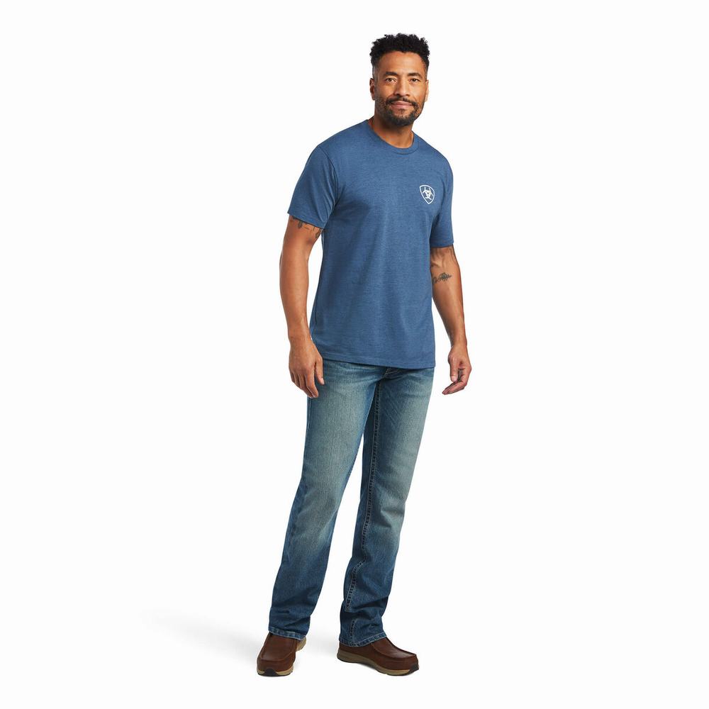 Blue Ariat Rope Shield Men's Polo Shirts | DLUX54038