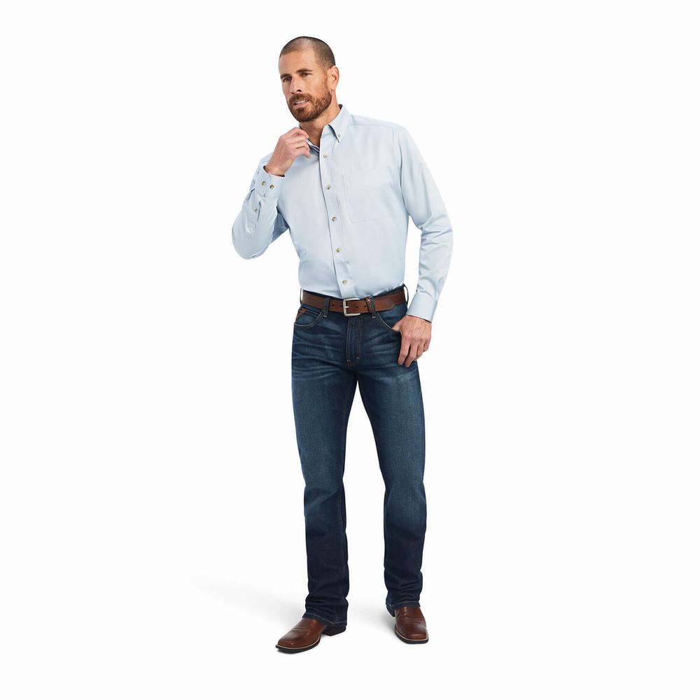 Blue Ariat Solid Twill Men's Shirts | CPDH06819