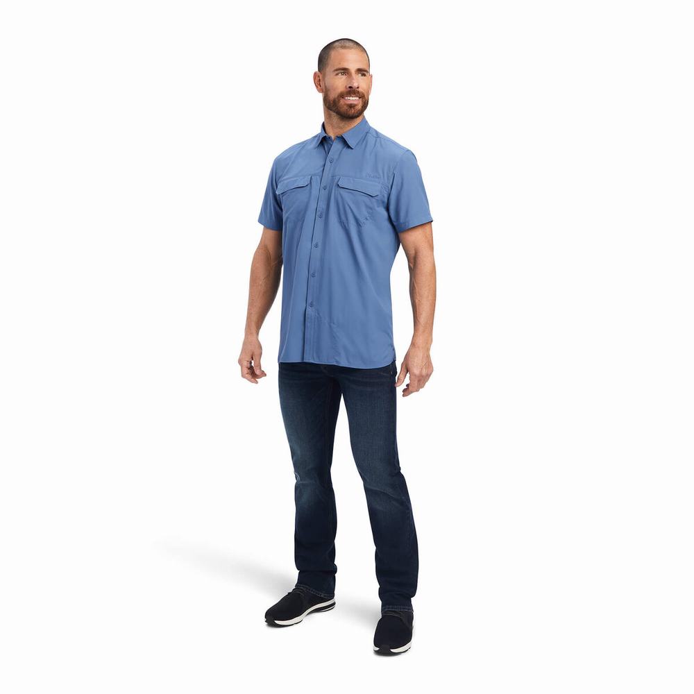 Blue Ariat VentTEK Outbound Fitted Men's Shirts | LZND01325