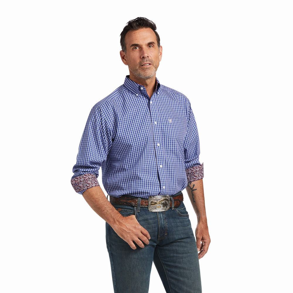 Blue Ariat Wrinkle Free Cairo Classic Fit Men\'s Shirts | WVIG42713