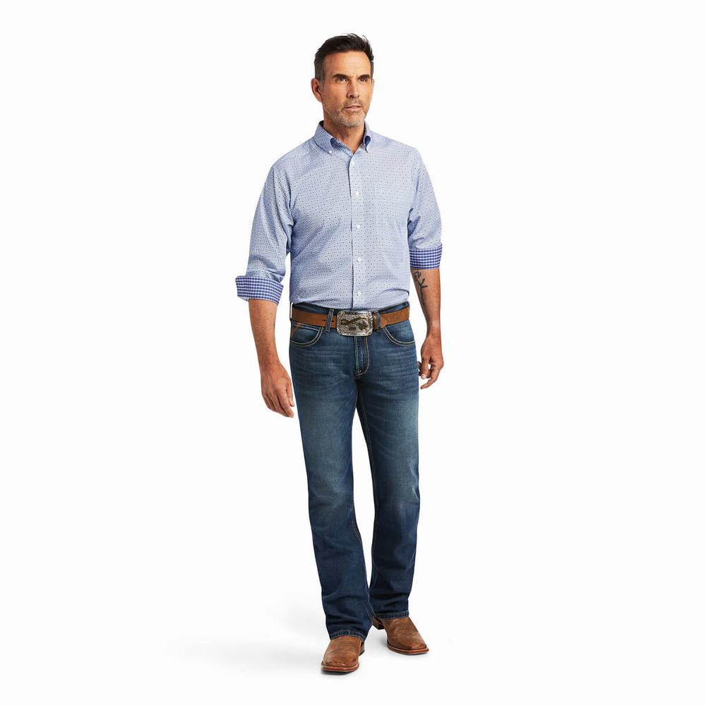 Blue Ariat Wrinkle Free Caysen Classic Fit Men's Shirts | KHWT20675