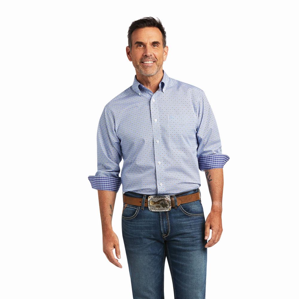 Blue Ariat Wrinkle Free Caysen Classic Fit Men\'s Shirts | KHWT20675