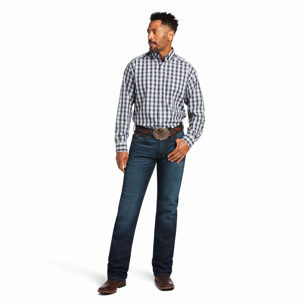 Blue Ariat Wrinkle Free Dereck Classic Fit Men's Shirts | OIJF84016