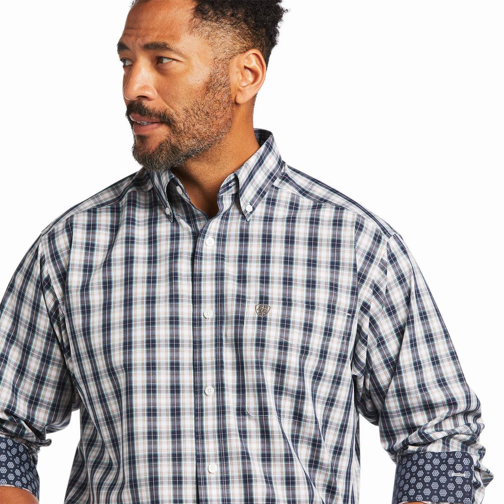 Blue Ariat Wrinkle Free Dereck Classic Fit Men's Shirts | OIJF84016