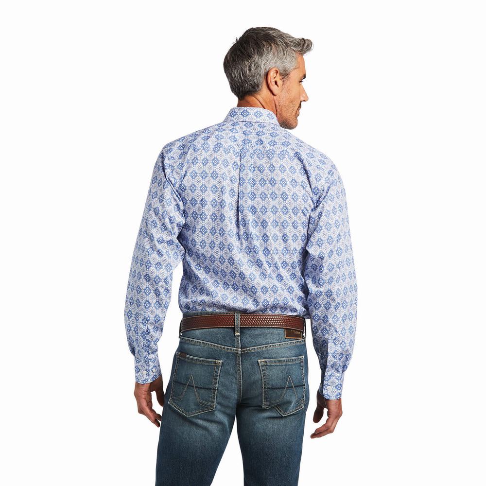 Blue Ariat Wrinkle Free Eliot Fitted Men's Shirts | URVF74968