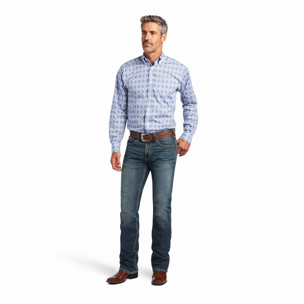 Blue Ariat Wrinkle Free Eliot Fitted Men's Shirts | URVF74968