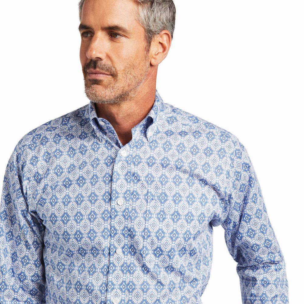 Blue Ariat Wrinkle Free Eliot Fitted Men's Shirts | URVF74968