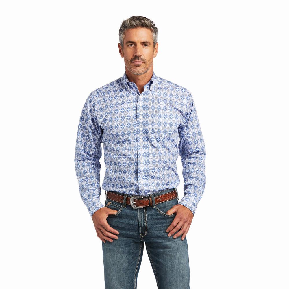 Blue Ariat Wrinkle Free Eliot Fitted Men\'s Shirts | URVF74968