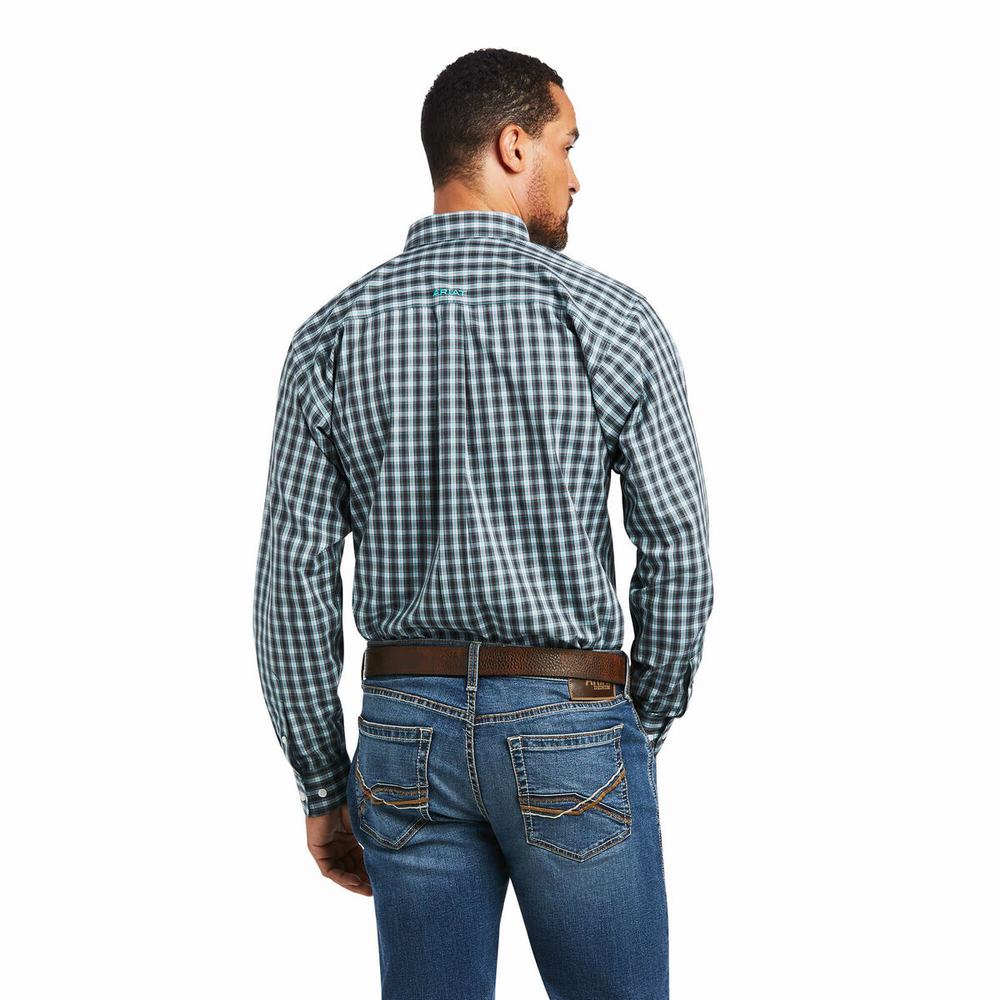 Blue Ariat Wrinkle Free Houston Fitted Men's Shirts | OBWH54923