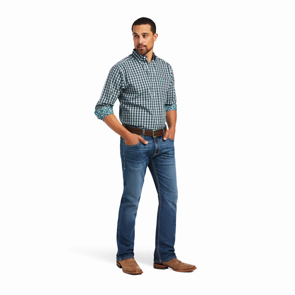 Blue Ariat Wrinkle Free Houston Fitted Men's Shirts | OBWH54923