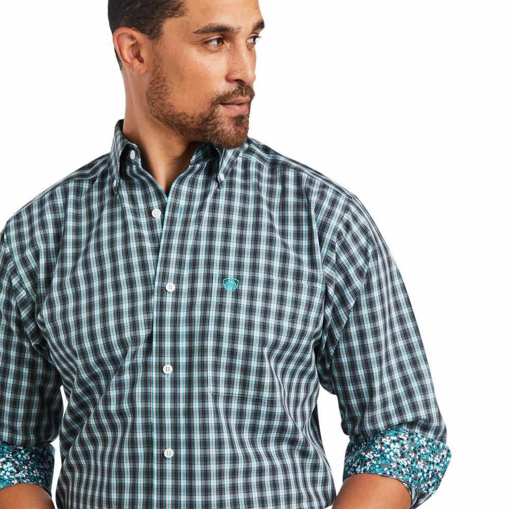 Blue Ariat Wrinkle Free Houston Fitted Men's Shirts | OBWH54923