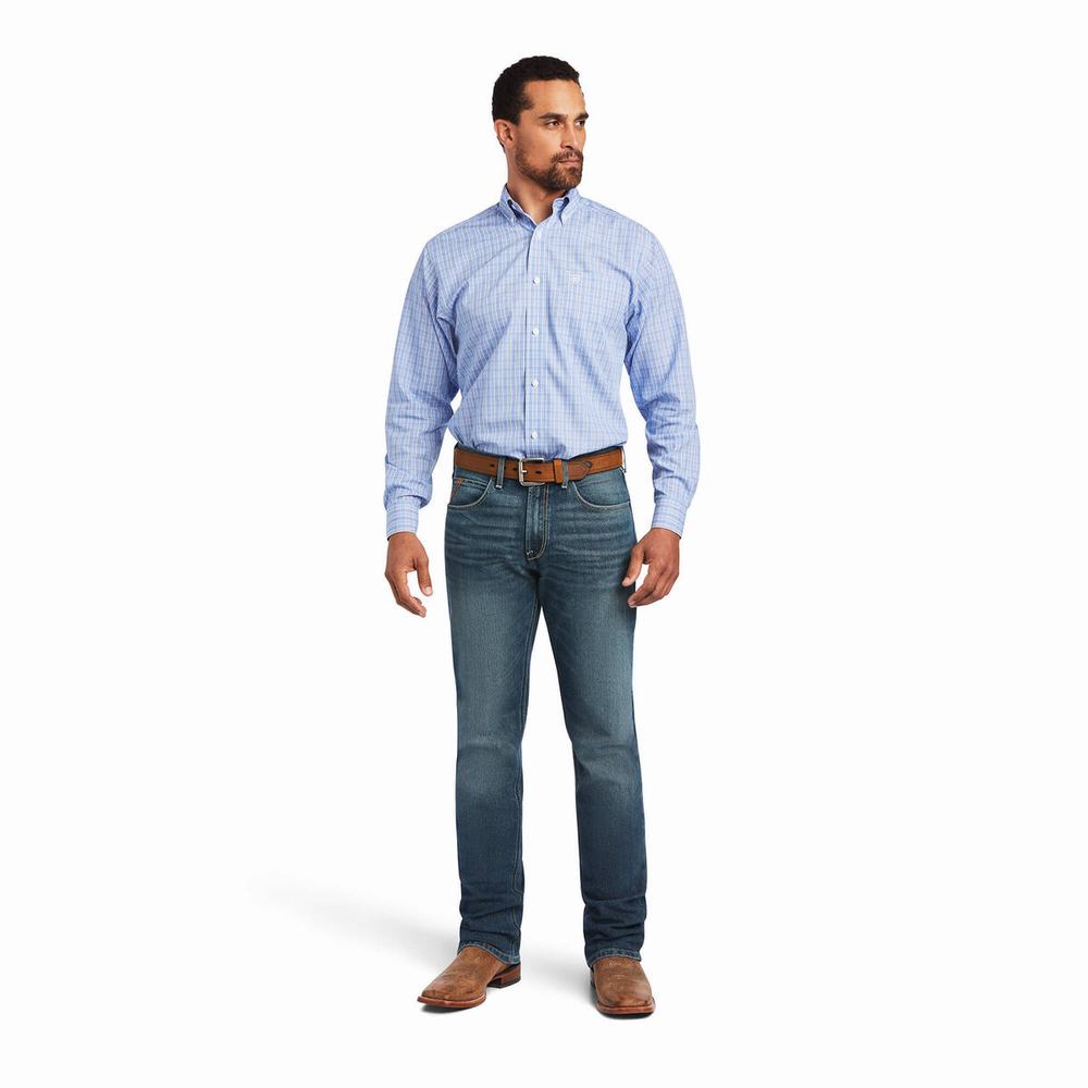 Blue Ariat Wrinkle Free Noah Fitted Men's Shirts | WDZI67384