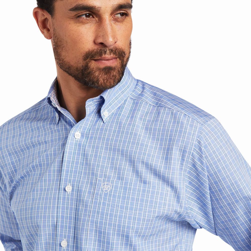 Blue Ariat Wrinkle Free Noah Fitted Men's Shirts | WDZI67384