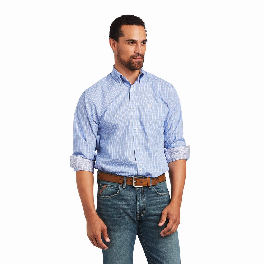 Blue Ariat Wrinkle Free Noah Fitted Men\'s Shirts | WDZI67384