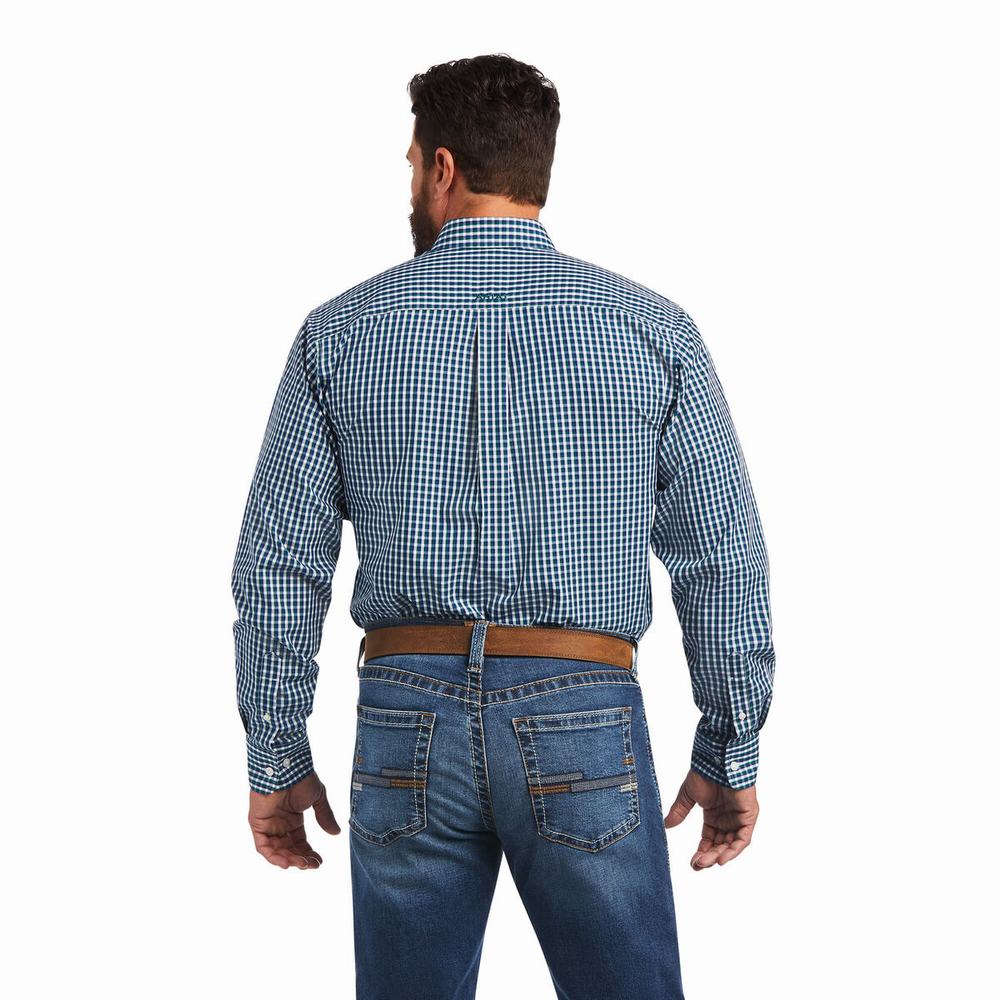 Blue Ariat Wrinkle Free Seamus Fitted Men's Shirts | MXVE63128